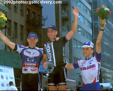Charlie (right) on the podium in third place at the 2002 NYC Championship Race on Wall Street.  The winner was Joe Papp who later admitted to systematic doping throughout his career